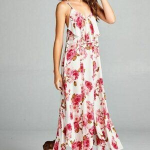 AAKAA Boho Ivory Pink Floral Lace-up Maxi Dress